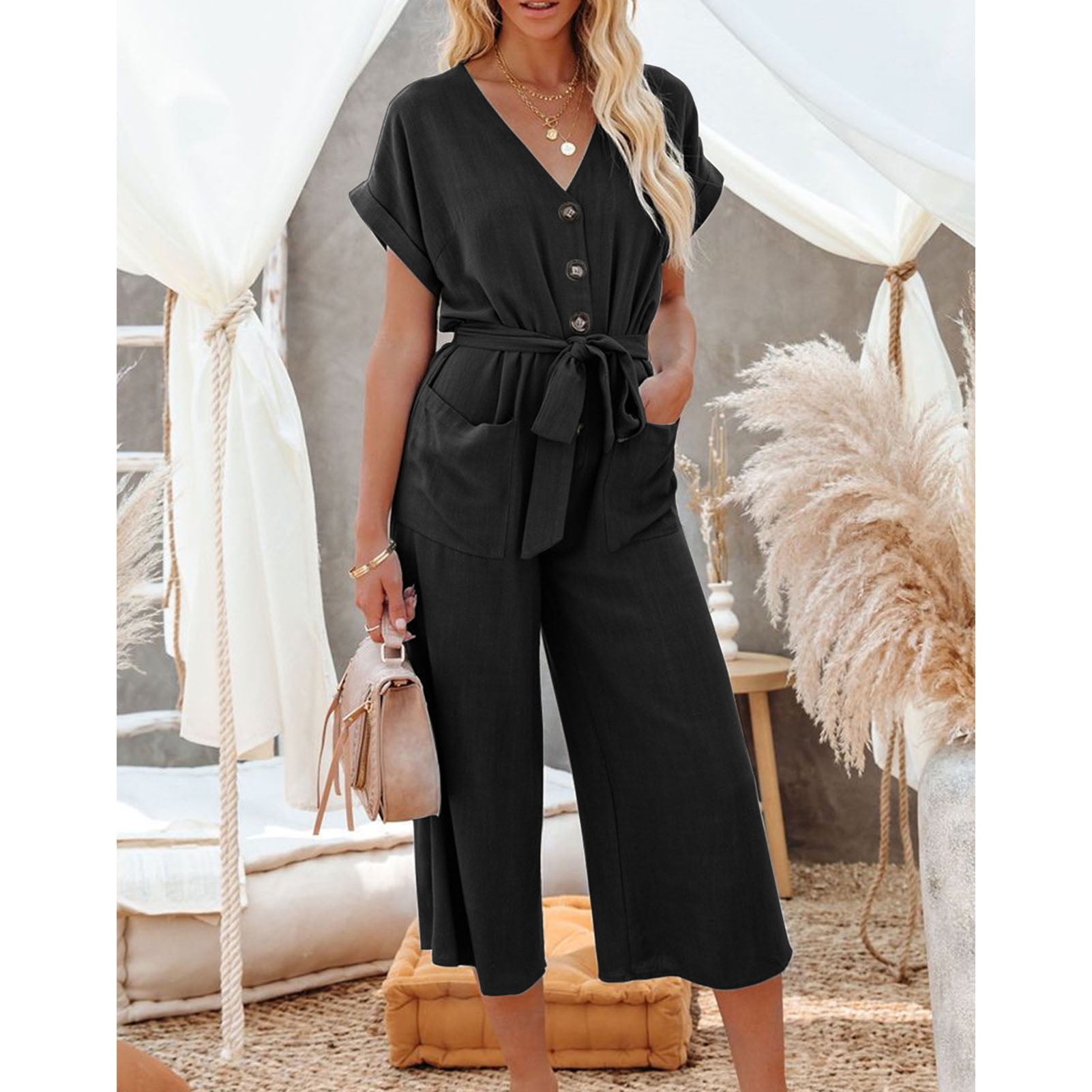 V Neck Jumpsuit Wide Leg Romper Casual Pure Color Button For Wedding Black L Walmart