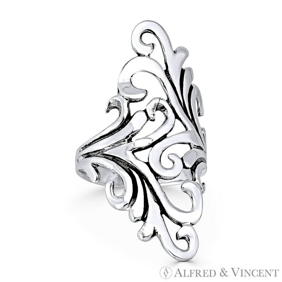 Plant Vine Charm Long Statement Ring in Oxidized .925 Sterling Silver