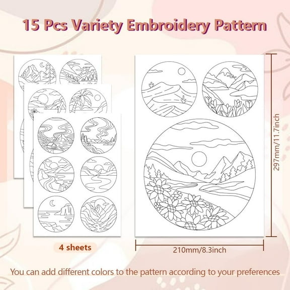 Water Soluble Embroidery Patterns for Beginners Nature and Scener 4 Sheets with 15pcs Patterns Wash Away Stick and Stitch Embroidery Pattern Stabilizer for Hand Sewing Lover Women Adults