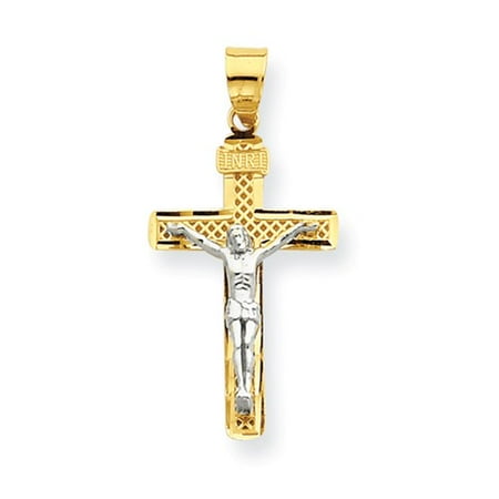14k Two-Tone Gold Rhodium D/C Medium Block Lattice Cross INRI Crucifix Pendant