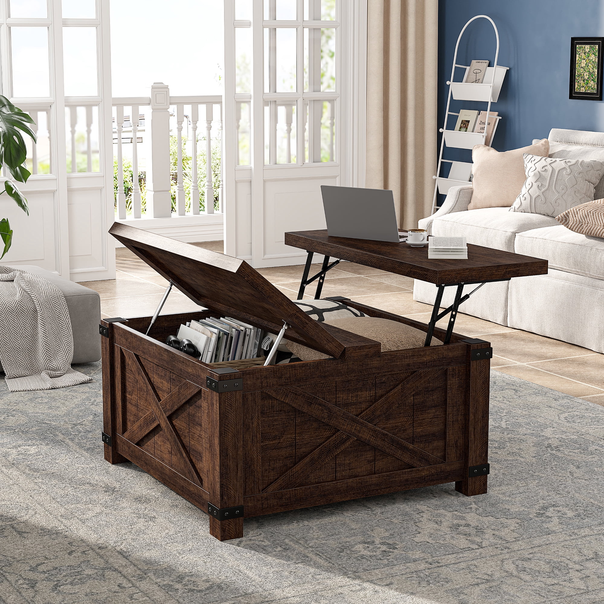 Romorgniz 35.7" W Square Lift Top Coffee Table Farmhouse Coffee Table with Large Hidden Storage Wooden Center Table for Living Room, Brown