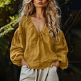thumbnail image 2 of Tqcoqu Women's Linen Blend V-Neck Gathered Puff Long Sleeve Casual Blouse,Yellow Women's S-XXL, 2 of 6