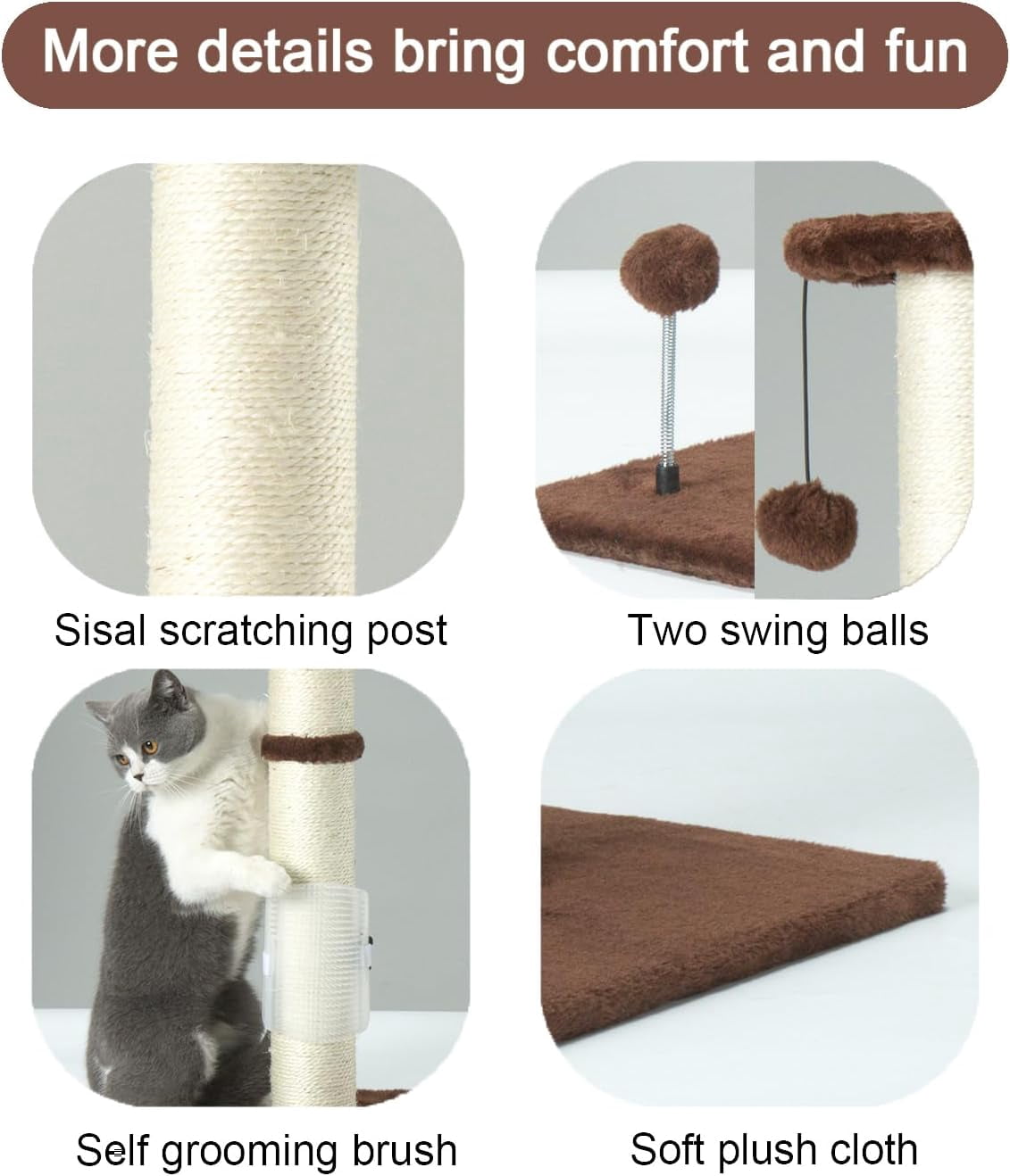 32" Tall Cat Scratching Post Sisal Scratch Posts with Hanging Ball and Self-Massage Brush Vertical Scratcher for Indoor Cats and Kittens(Light-Gray 32inches)