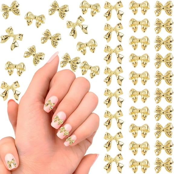 JQSTY 90 Pcs Gold Bow Nail Charms, Acrylic Bowknot Nail Bows, Glitter Ribbon Bowknot Nail Decoration for Women, Scrapbook, Crafts, Nail Art (3 Styles)