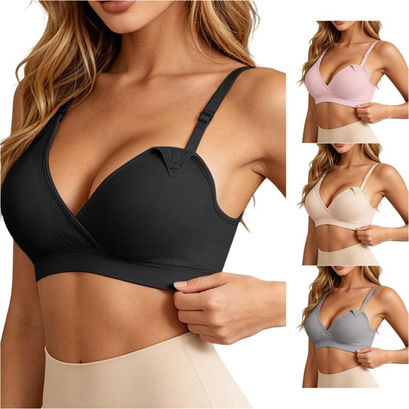 HNMKIU Front Closure Nursing Bra Wireless Maternity Plus Size Breastfeeding Underwear Comfort Daily Wear Black - L