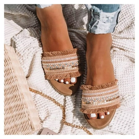 

Bohemian Flat Sandals with Tassel Rubber Sole Non Slip Slippers Beach Summer Supply