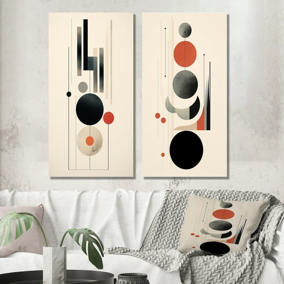Designart "Waning Moon Retro Circles IV" Modern Geometric Wall Art Set Of 2 - Modern Red Wall Decor Set Of 2