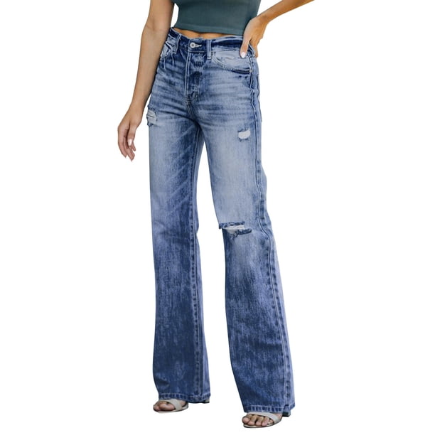 Gibobby pantalones de mujer de vestir Pantalones de pierna ancha informales de verano 2022, pantalones vaqueros de cintura media con Verdinegroujeros lavados para mujer, pantalones de mujer (Azul, XL)