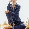 thumbnail image 3 of Women 2PCS Pajama Set  Solid Color Long Sleeve Button-Down Laple Collar Top Long Elastic Band Pants  Sleepwear Set, 3 of 4
