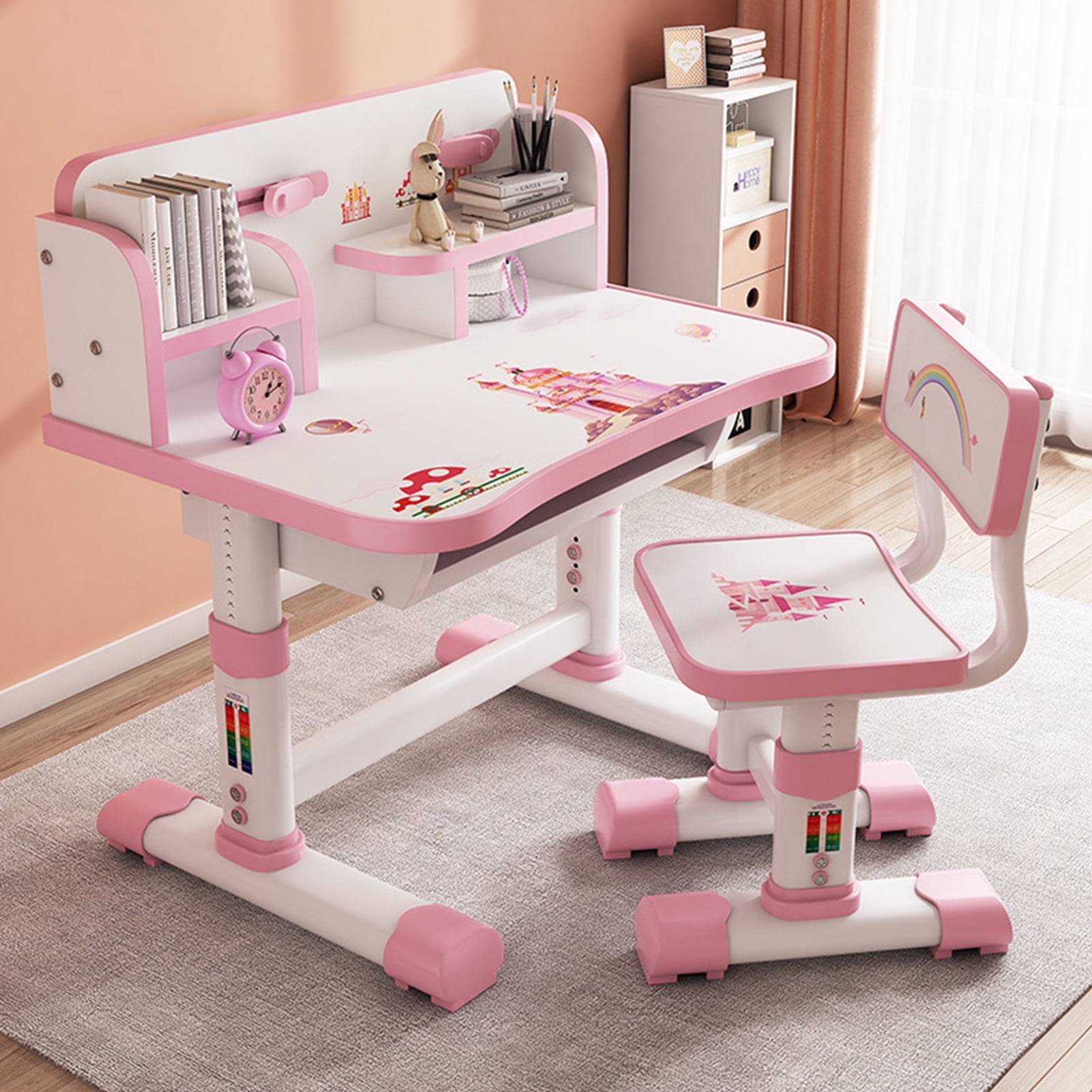 Fompes Kids Study Desk and Chair Set Children School Study Drawing Desk Chair Height Adjustable Kids Table Desk and Chair Set with with Large Writing Board Bookshelf and Book Bucket - Pink