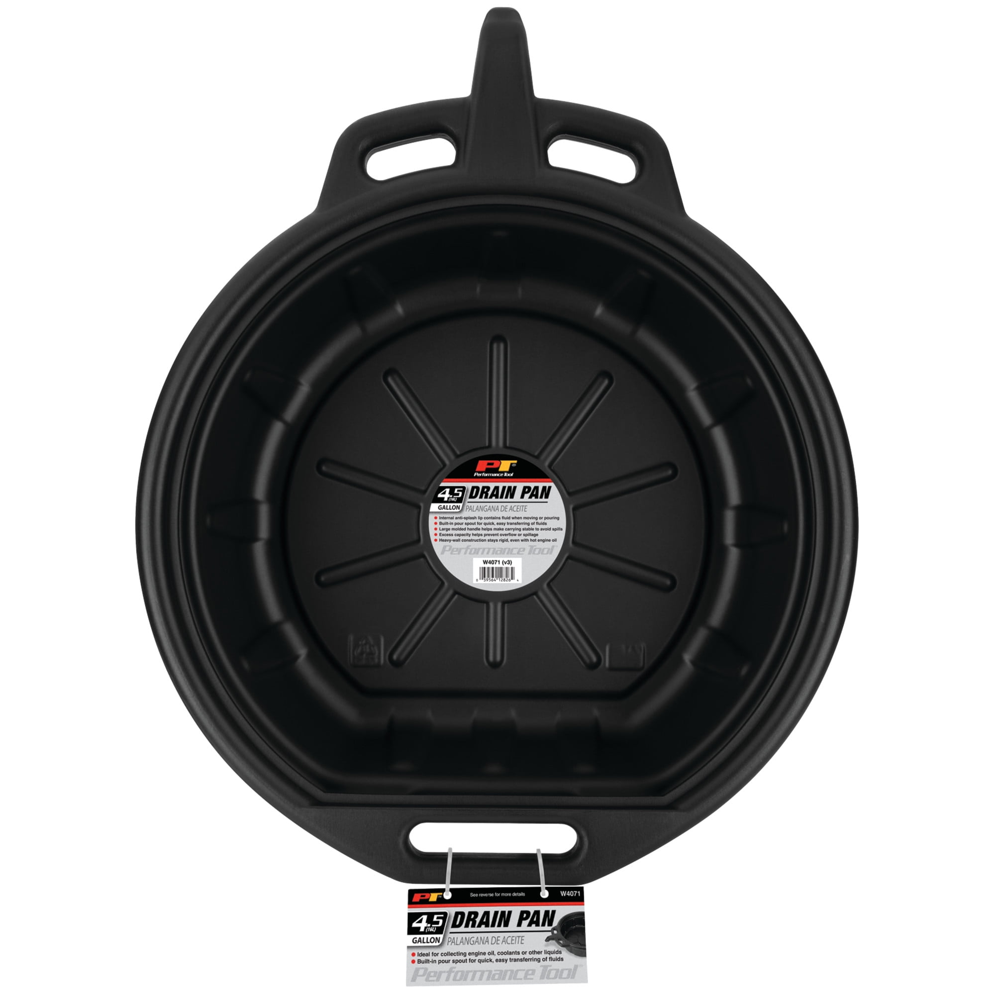Performance Tool W4071 4.5 Gallon Oil Drain Pan, Carrying Handle, Easy-Pour Spout, High-Density Polyethylene, Black