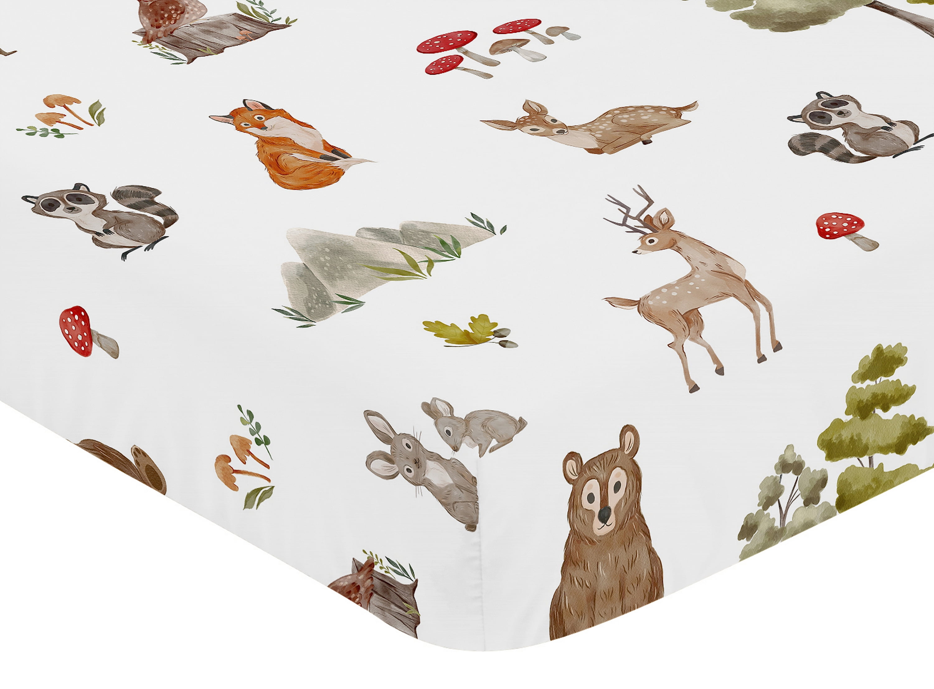 Sweet Jojo Designs Watercolor Woodland Forest Animals Green Brown White Fitted Crib Sheet