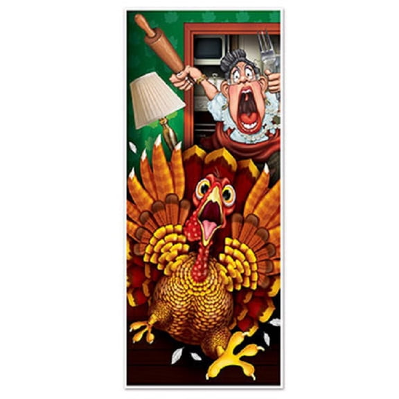 Beistle Club Pack of 12 Brown and Green Wild Turkey Thanksgiving Hanging Door Covers 6'