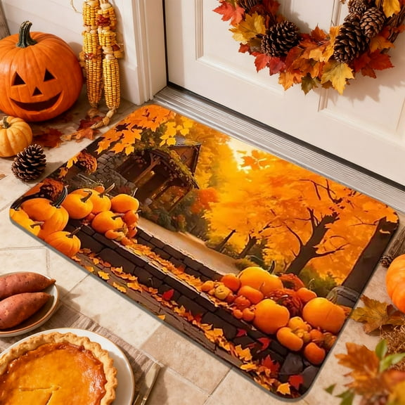 Fall Pumpkin Doormat, Halloween Thanksgiving Non-Slip Entrance Mat, Seasonal Decor for Front Door Porch Kitchen Bathroom, Washable Floor Mat(A)