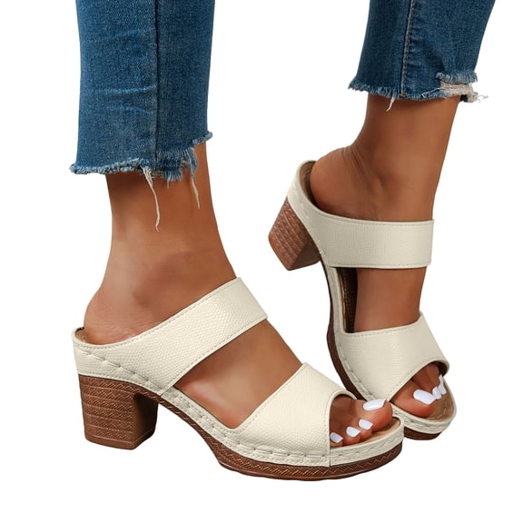 Rokment Womens Platform High Heels Slip on Dressy Sandals 2026 Summer Fashionable Leather Fish Mouth Open Toe Chunky Block Heeled Orthotic Dress Slides Shoes for Ladies Beige Size 6
