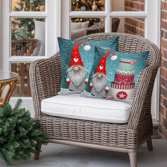 Outdoor Pillow Covers Pack of 2, Christmas Gnome Presents Waterproof Throw Pillowcase Cushion Cases, Xmas Tree Winter Snow Decorative Pillow Cover for Couch Sofa Home Bed Patio 16x16in