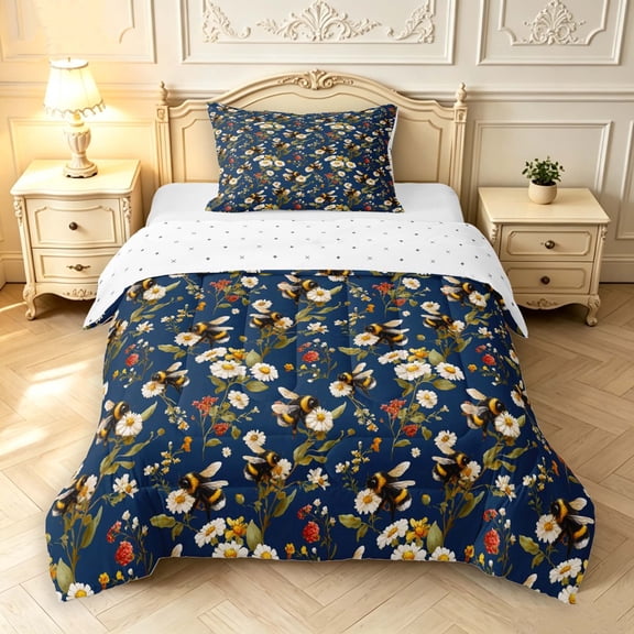 Erosebridal Retro Bee Twin Comforter Sets,Bohemian Flower Bedding Set,Navy White,Reversible,2pcs,1 Comforter and 1 Pillowcase