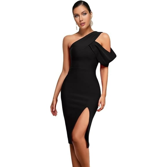 One Shoulder Ruffle Wedding Guest Dress Slit Bandage Cocktail Dress Formal Party Gowns Color Black Large