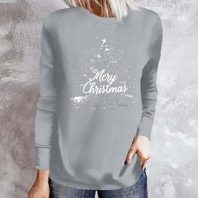 RKSTN Blouses pour Femmes Mode Décontractée Imprimé de Noël Col Rond Manches Longues Amples Blouses pour Femmes Habillées Décontractées