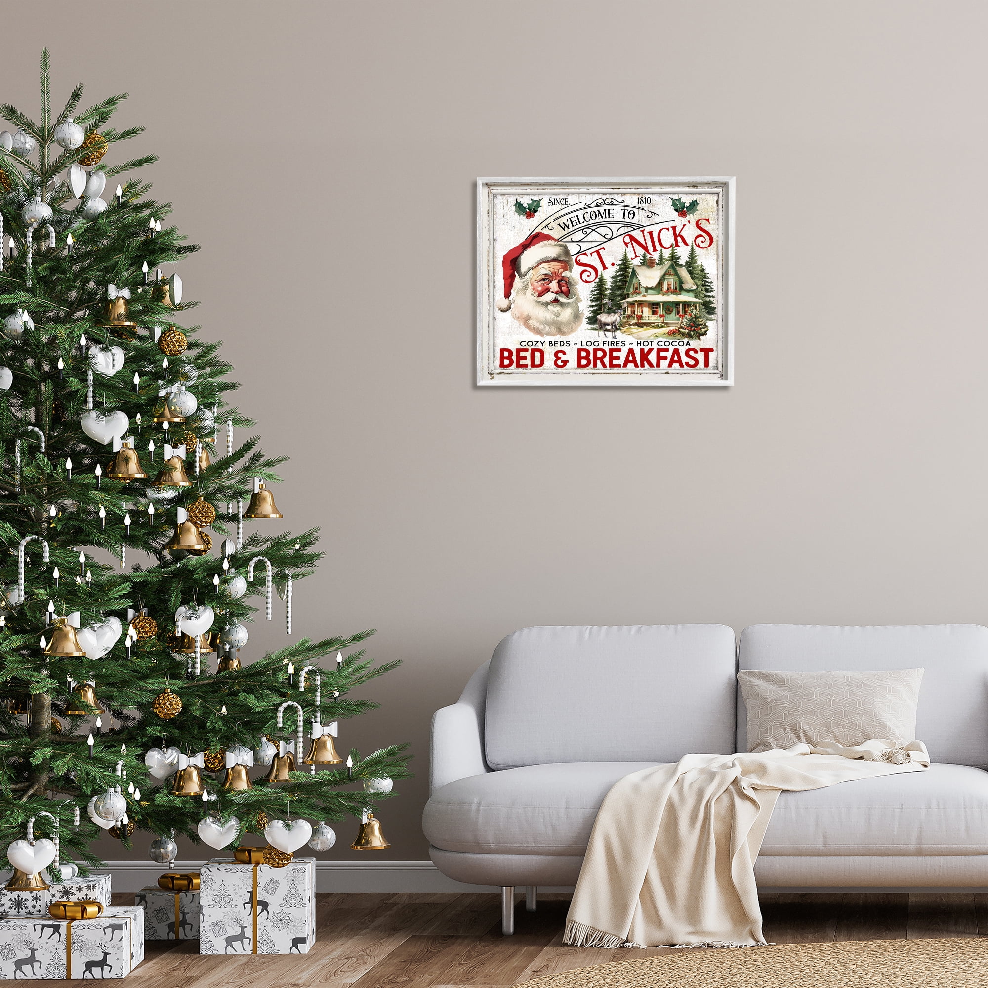 Stupell Industries St Nick's Bed & Breakfast Holiday Painting White Framed Art Prints Wall Art, 30 x 24