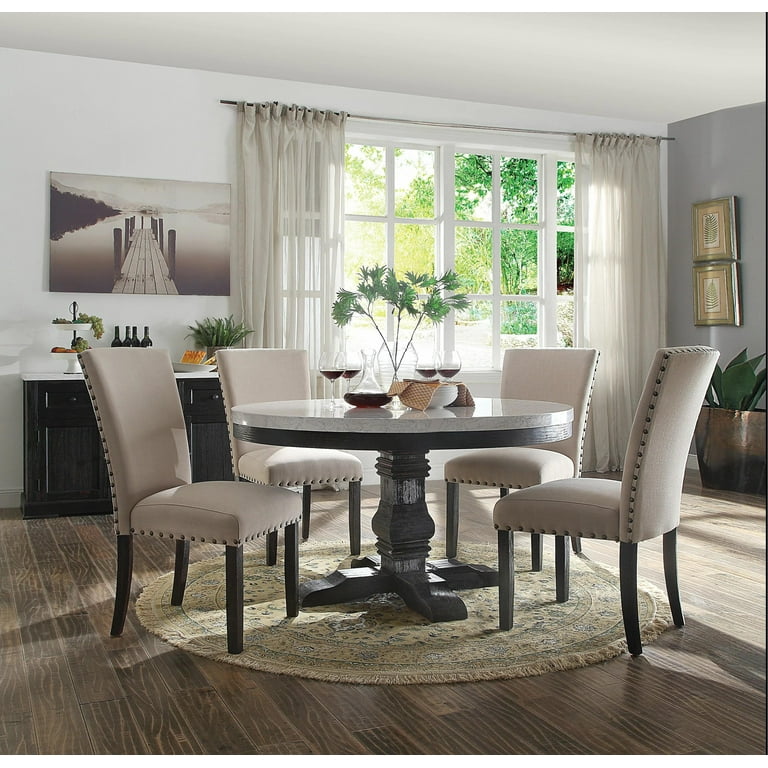 White Marble Salvage Dark Oak Dining Table 4x Chairs by Acme