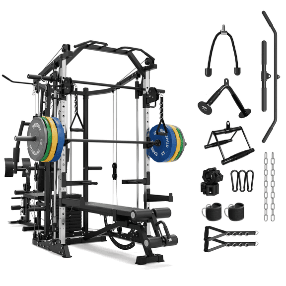 Mikolo Smith Machine Power Cage, Multi-Function Home Gym System with Cable Crossover, 121LB Weight Stack, 230LBS Weight Plates