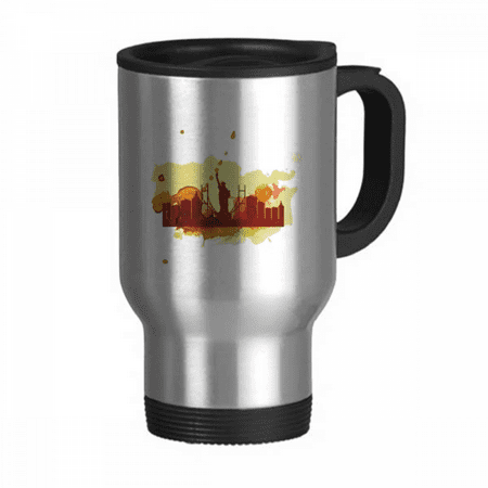

USA America New York City Liberty Watercolor Travel Mug Flip Lid Stainless Steel Cup Car Tumbler Thermos