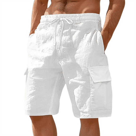 Lumtrix Men's Cargo Shorts Casual Cotton Drawstring Short Elastic Waist Baggy Work Pants with Multi Pockets White L