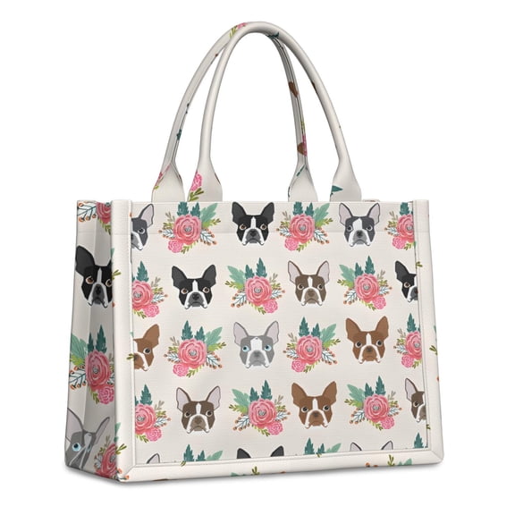 Large Capacity Tote Bag,Boston Terrier Dog and Flower Florals Handbag Fashion Luxury Tote Bag,15.7"x13"x 5.1" Inches,Laptop Compatible