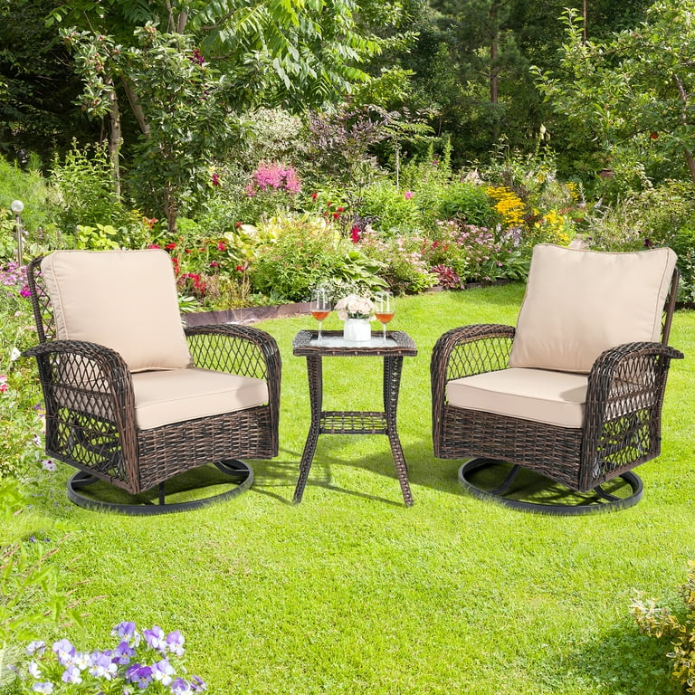 Ktaxon 3 Pieces Patio Furniture Set Outdoor Swivel Gliders Rocker Wicker Patio Bistro Set with Rattan Rocking Chair w Thickened Cushions for Porch