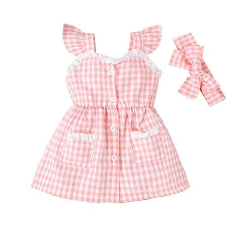 

Toddler Summer Dress Undershirt Plaid Pink Princess Dress Hairband Birthday Gift Baby Sundress Streetwear