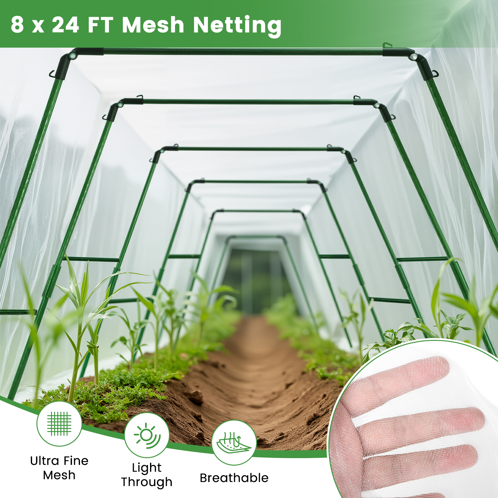 BEAMNOVA Garden Mesh Netting Kit with Support Pole - 8 x 24 ft Plant Cover with Bracket for Vegetable Fruits Flowers Vine Plants Climbing