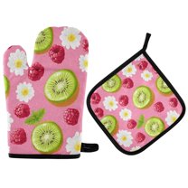 Yayeee Oven Mitts and Pot Holder Set of 4 Heat Resistant Kitchen Gloves Baking Hot Pad, Floral Raspberries