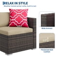 thumbnail image 6 of Versatile 5-Piece Outdoor Patio Furniture Set – All-Weather Brown Four-Line Rattan Sectional Sofa with Khaki Cushions, Red Pillows, Glass Coffee Table & Ottoman – For Garden, Backyard, Poolside, 6 of 9