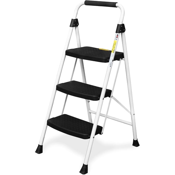 HBTower Escalera de 3 escalones, taburete plegable con pedal ancho antideslizante, escalera de acero resistente de 500 libras, agarre cómodo, ligero, taburete de acero portátil, negro