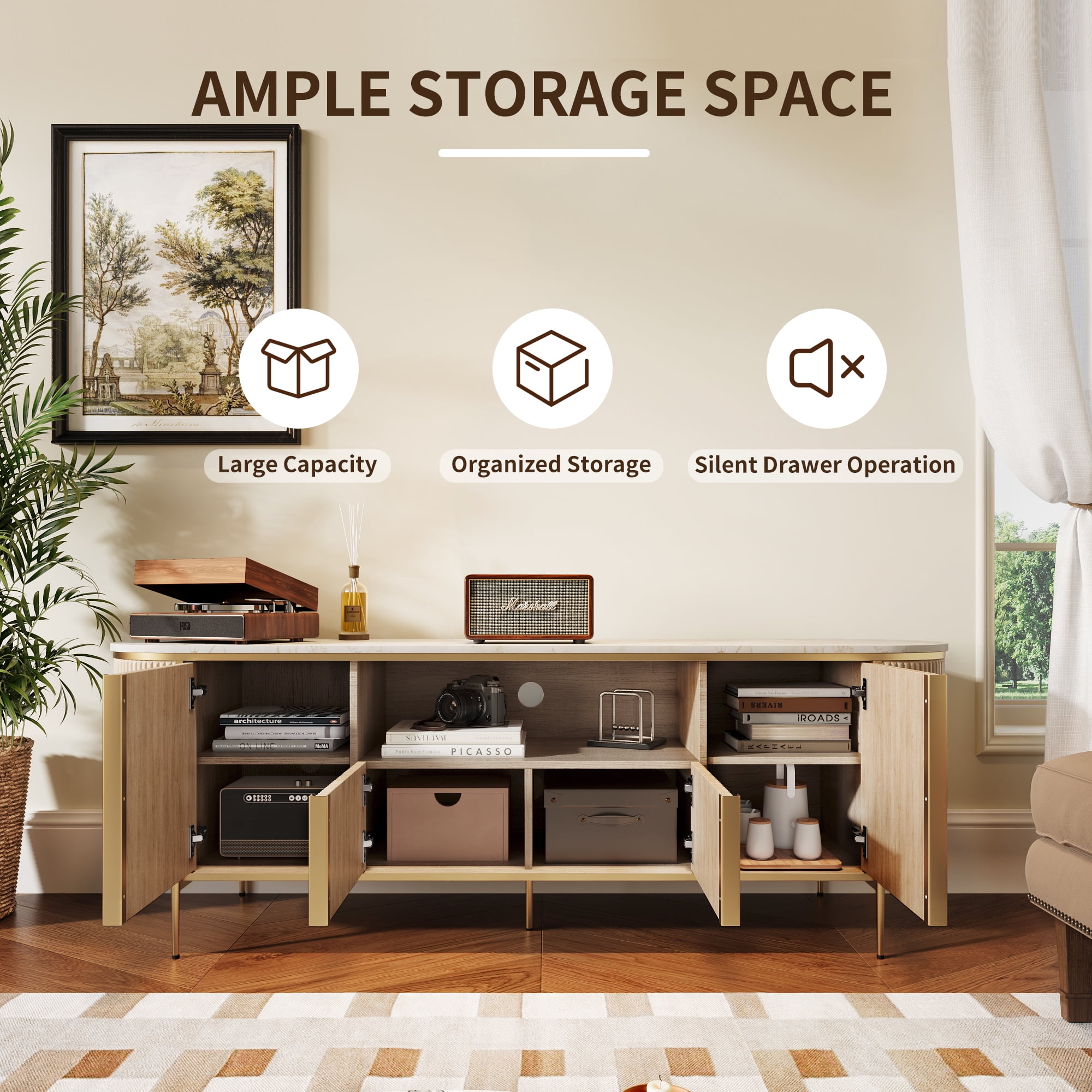 OKD 70" Modern Fluted TV Stand for TVs up to 80", Mid-Century Wooden Entertainment Center for Living Room - Natural Oak