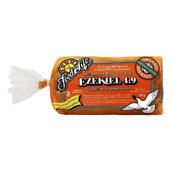 Food For Life : Pain de grains entiers germés biologique Ezekiel 4:9, riche en fibres, végétalien, céréales germées, sans OGM, adapté aux diabétiques, protéines végétales complètes, sans farine, à fai 680g