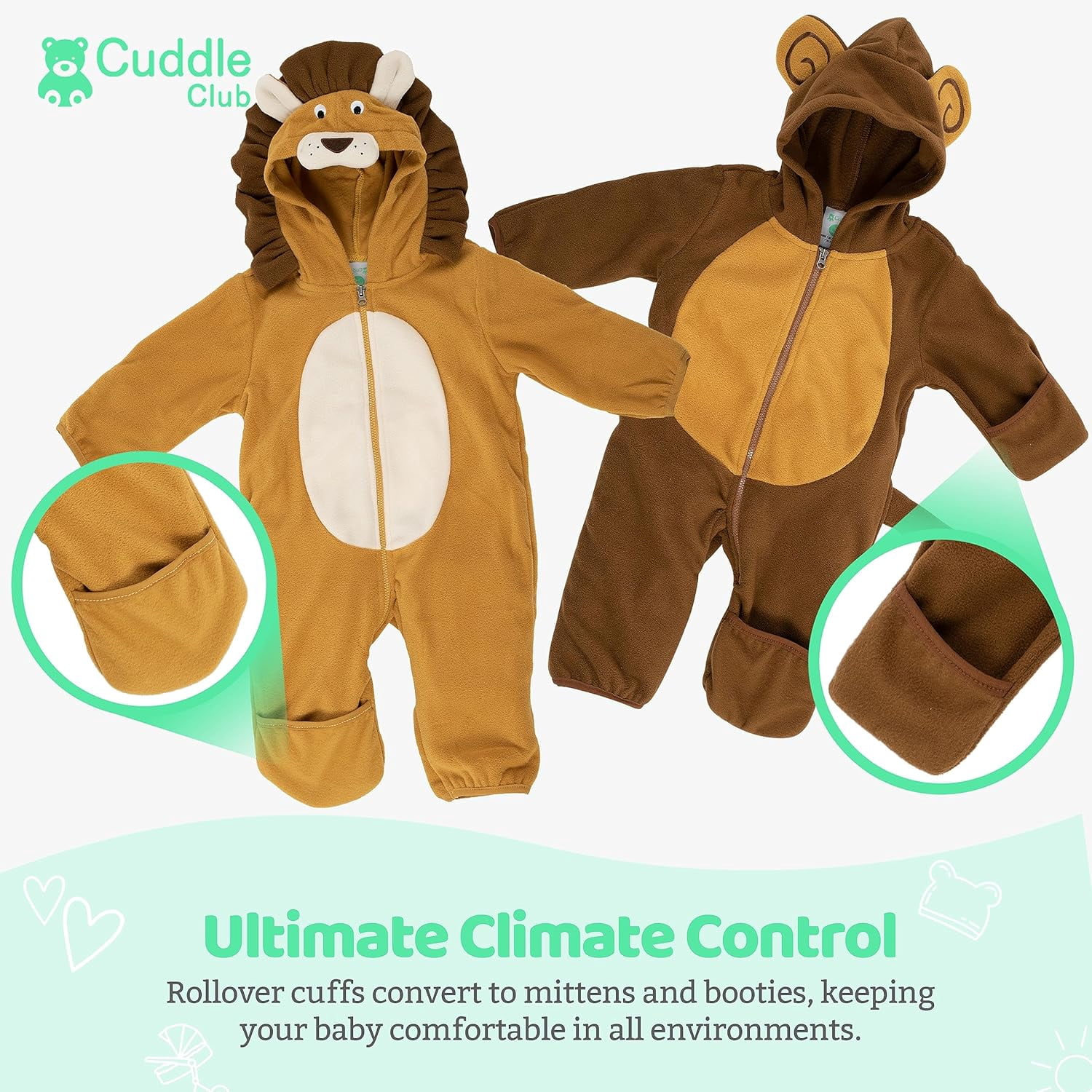 Cuddle Club Fleece Baby Bunting Bodysuit One Piece Hooded Romper Outerwear, 3 to 6 Months Lion & Monkey 2-Pack