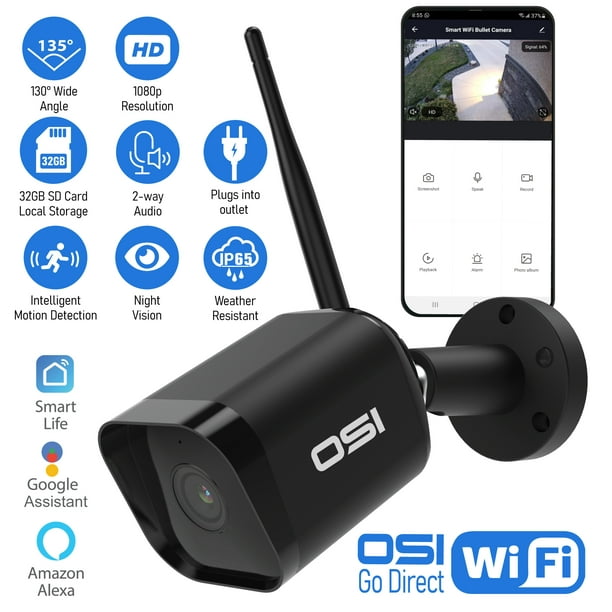 OSI Smart Wi-Fi Caméra de Sécurité HD 1080P Indoor-Outdoor, Conversation Bidirectionnelle, Mouvement Intelligent, Notification d'Application, Assistant Alexa et Google, Vue à Distance