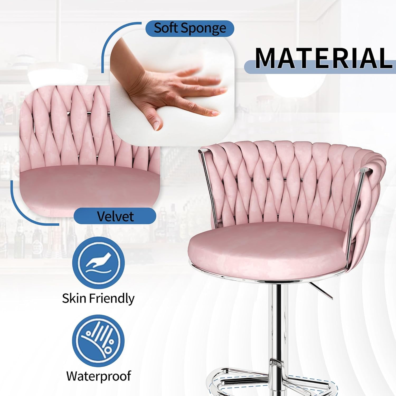 LinkRomat Velvet Bar Stools Set of 2,Swivel Counter Height Bar Stools with Backrest and Footrest,for Kitchen Island Dining Chairs,Pink