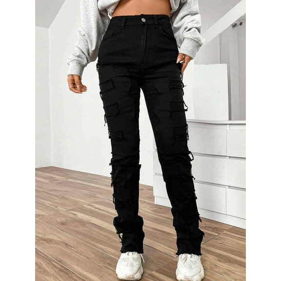 Fashionable High Waist Embroidered  Pants (S, Black)