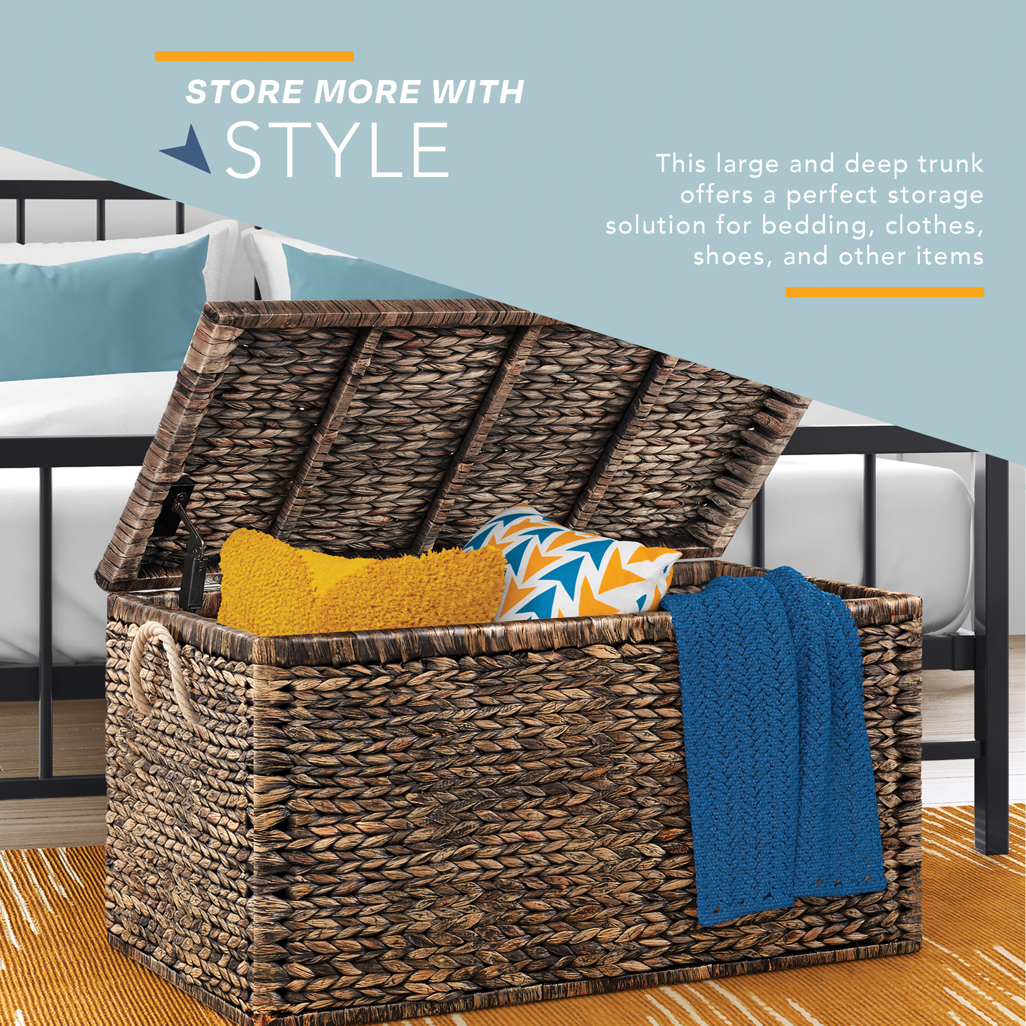 Click365 Storage Trunk, Farmhouse Style, Extra Large (33”), Woven Wicker Chest With Metal Frame, Black Washed Wicker