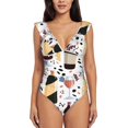 thumbnail image 2 of Goofa Wine Bottles Glasses Print Women's Ruffled One Piece Swimsuit V Neck, 2 of 7