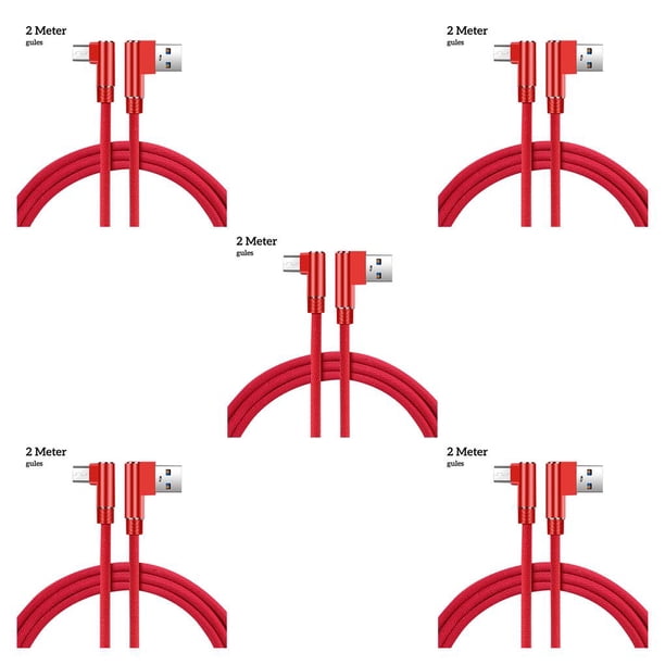 Sidaley Cable de carga rápida Reemplazo del cable de datos de doble codo para la interfaz micro USB del teléfono móvil Android, rojo, 2 m Rojo 2M 5piezas