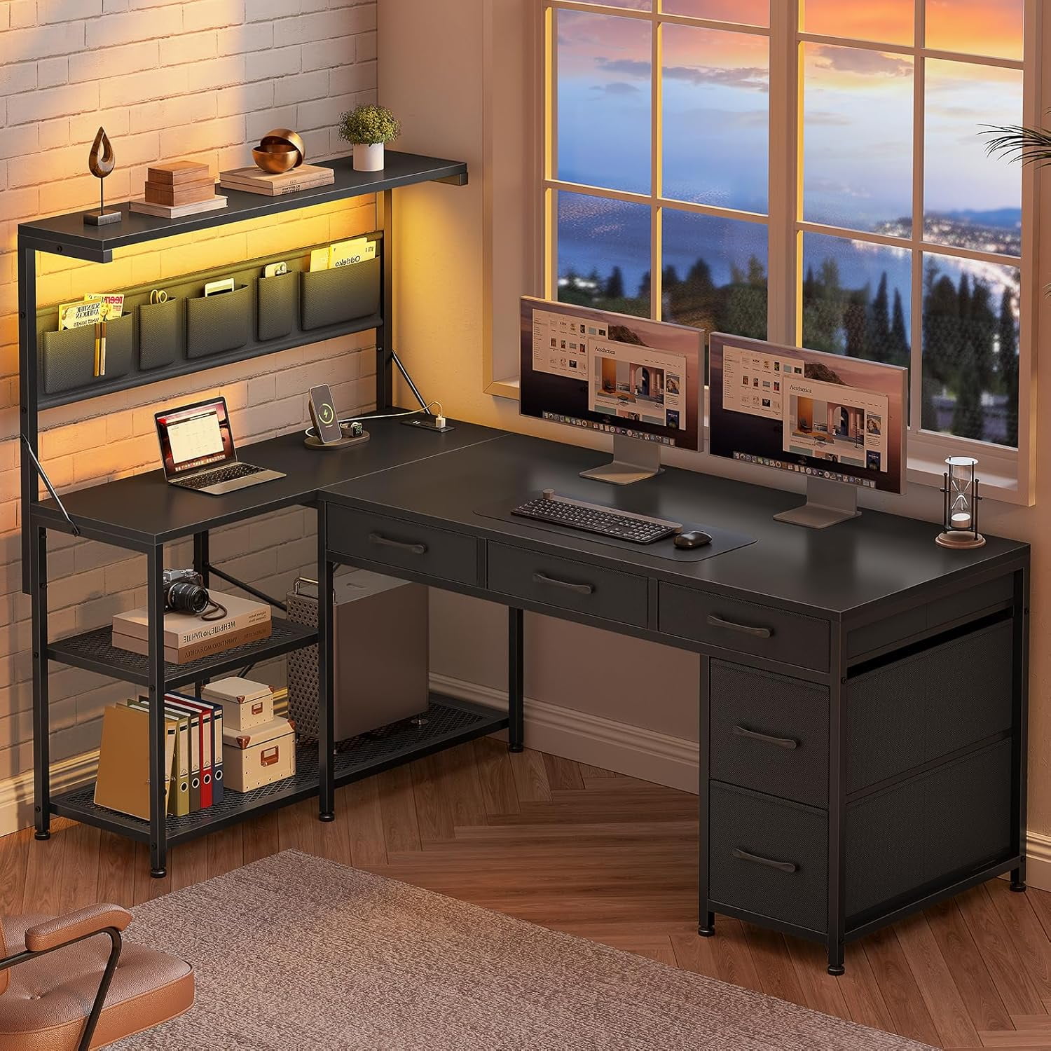 47" L Shaped Desk with 5 Drawers & Hutch, Reversible Gaming Desk with LED Lights & Outlets, Computer Desk with Open Shelves & Storage Bag for CPU, Books etc for Home Office, Space Saving, Black