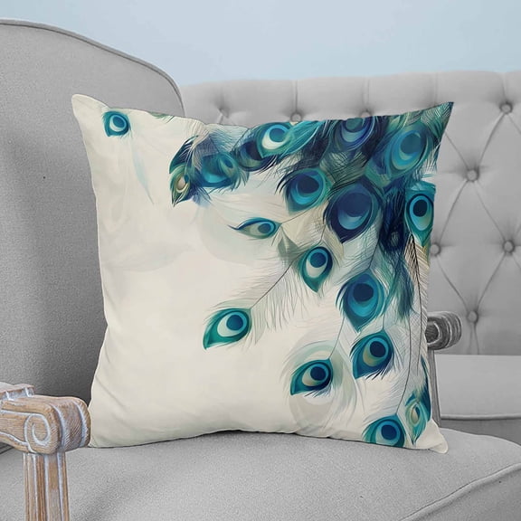 Peacock Feather Throw Pillow Covers, Soft Pillowcases with Invisible Zipper, Teal Ethnic Rustic Farmhouse Elegant Decorative Square Pillow Cushion Covers for Living Room Couch Sofa Bed 24x24 Inches