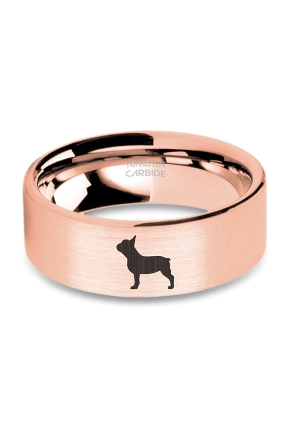 Frenchie French Bulldog Rose Gold Engraved Tungsten Ring, Brushed, 8mm, Size 5