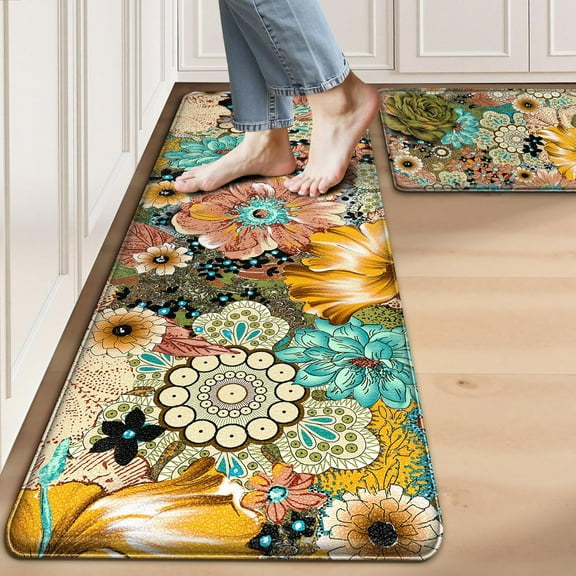 Kitchen Mats for Floor Cushioned Anti Fatigue Sets of 2 Boho Floral Kitchen Rugs Non Slip Waterproof Memory Foam Kitchen Floor Mats Padded Comfort Standing Mat Rug for Sink Laundry Office
