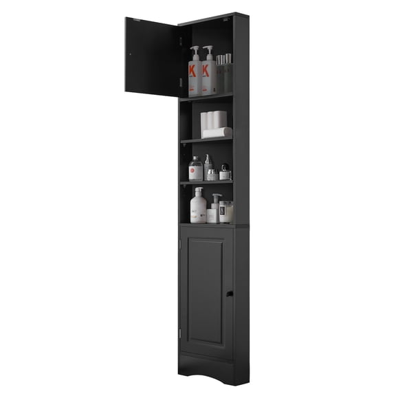 Tall Corner Bathroom Storage Cabinet with Two Doors and Adjustable Shelves, Black