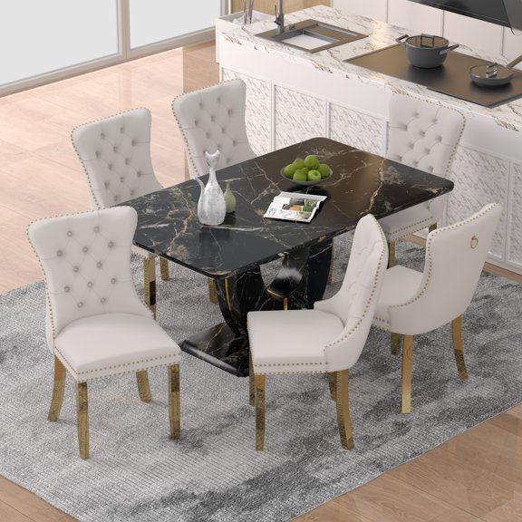 63" Modern Black Rectangle Faux Marble Dining Table Room Sets for 6,Dining Table with 6 Velvet Dining Chairs,Black Table and 6 Beige Chairs with Golden Leg